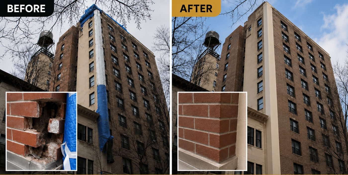Before and after: Local Law 11 brick and parapet repair — high-rise by Tower Builder Group