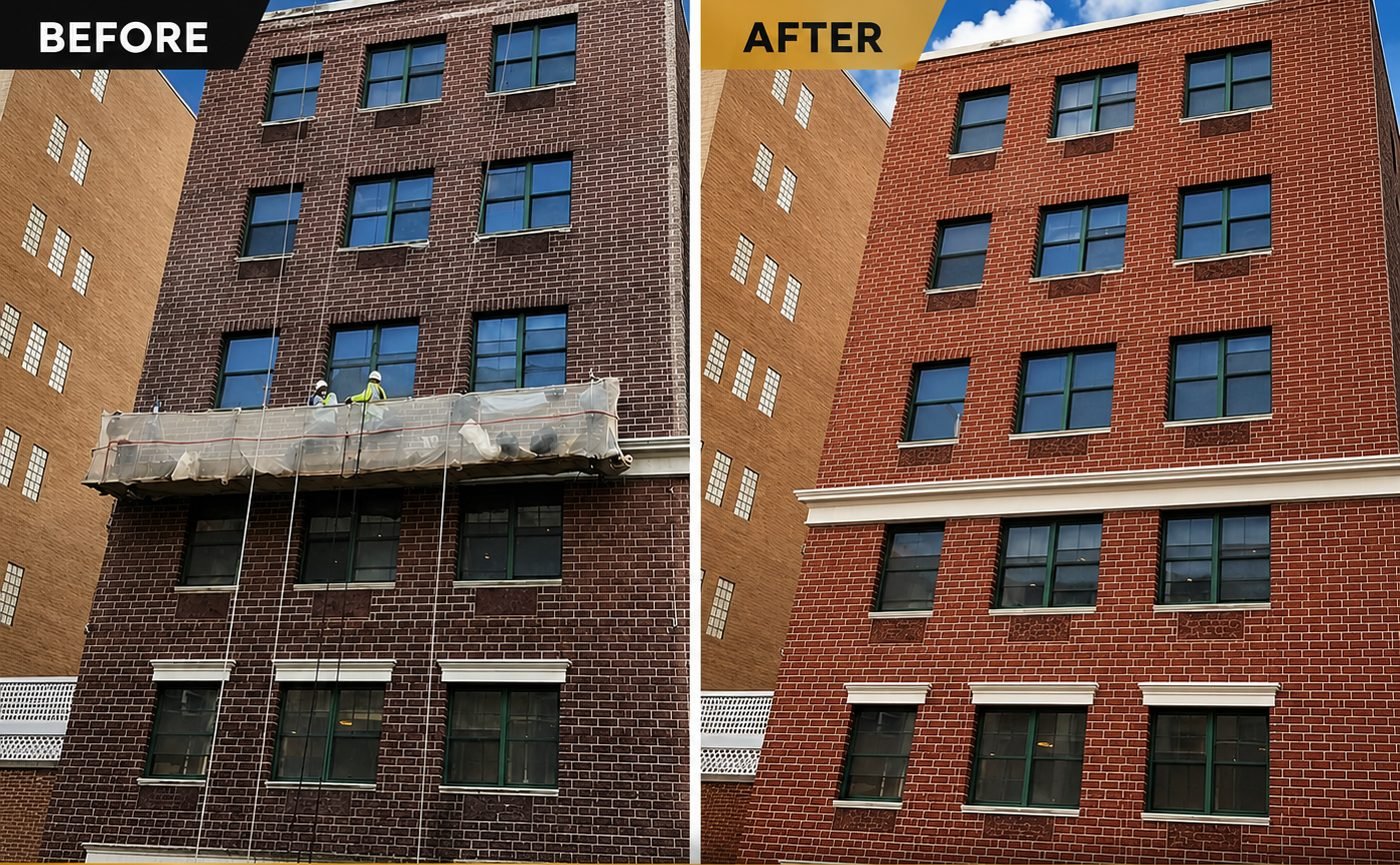 Before and after: Brick repointing and façade renewal — six-story building by Tower Builder Group