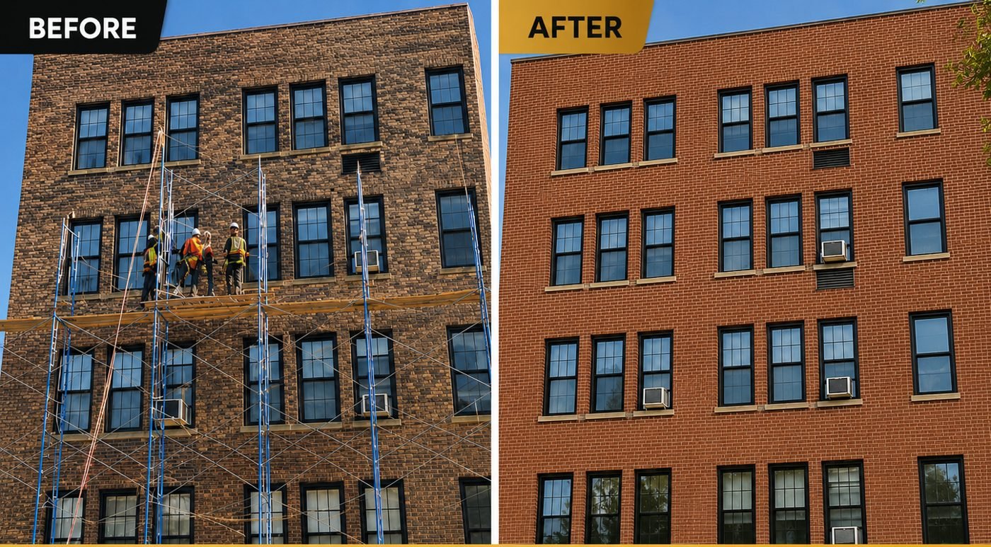 Before and after: Brick façade restoration — walk-up building by Tower Builder Group