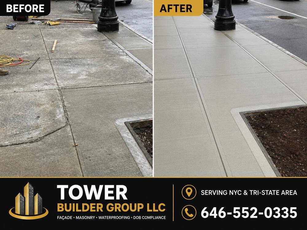 Before and after: NYC commercial sidewalk replaced by Tower Builder Group, with new tree pit border