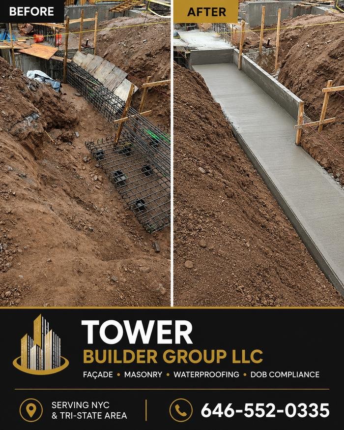 Before and after: formed footings and foundation walls poured and stripped